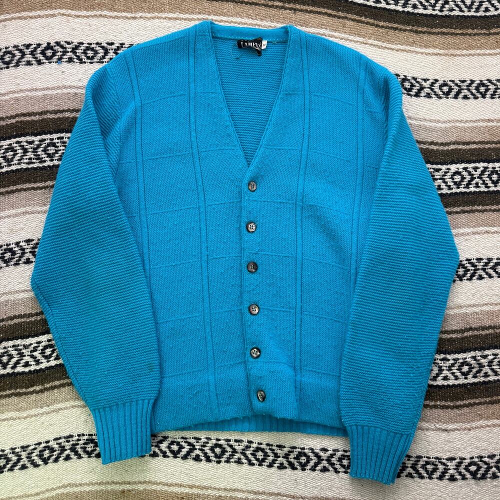 Men's Vintage 70's Campus Blue Teal Grid Knit Cardigan Casual Sweater Sz Medium